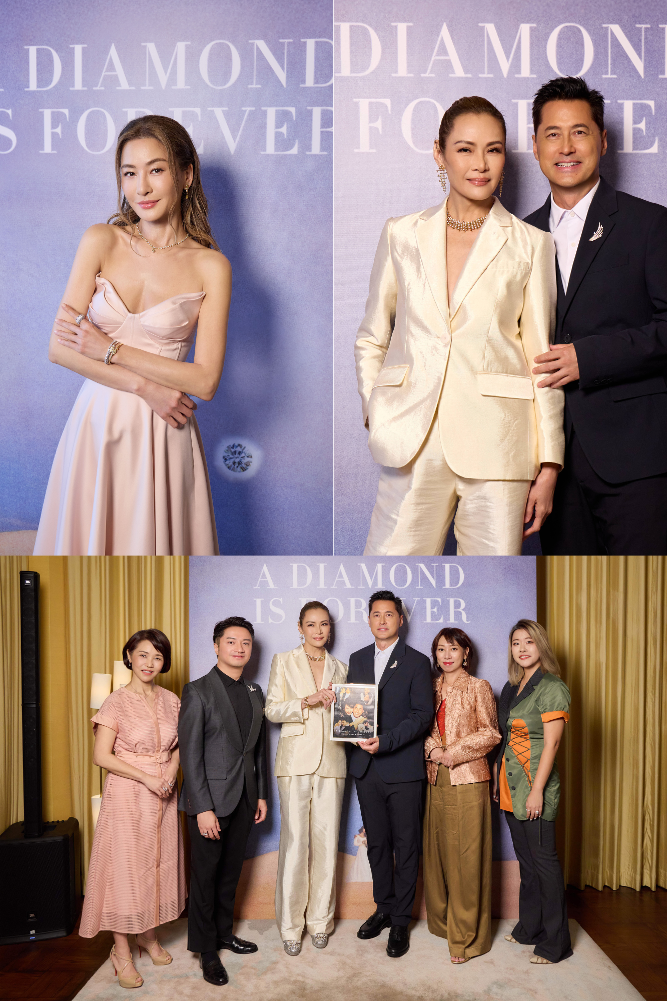 《In Conversation with A Diamond Is Forever》特別嘉賓: （左上）周汶錡佩戴 Claudia Ma Fine Jewellery珠寶； （右上）馬詩慧與王敏德佩戴 Hearts On Fire 珠寶； 行業專家與特別嘉賓（下圖由左至右）：Sophia Yu、Stewart Young、馬詩慧、王敏德、Loletta Lai及 Christina Ko。