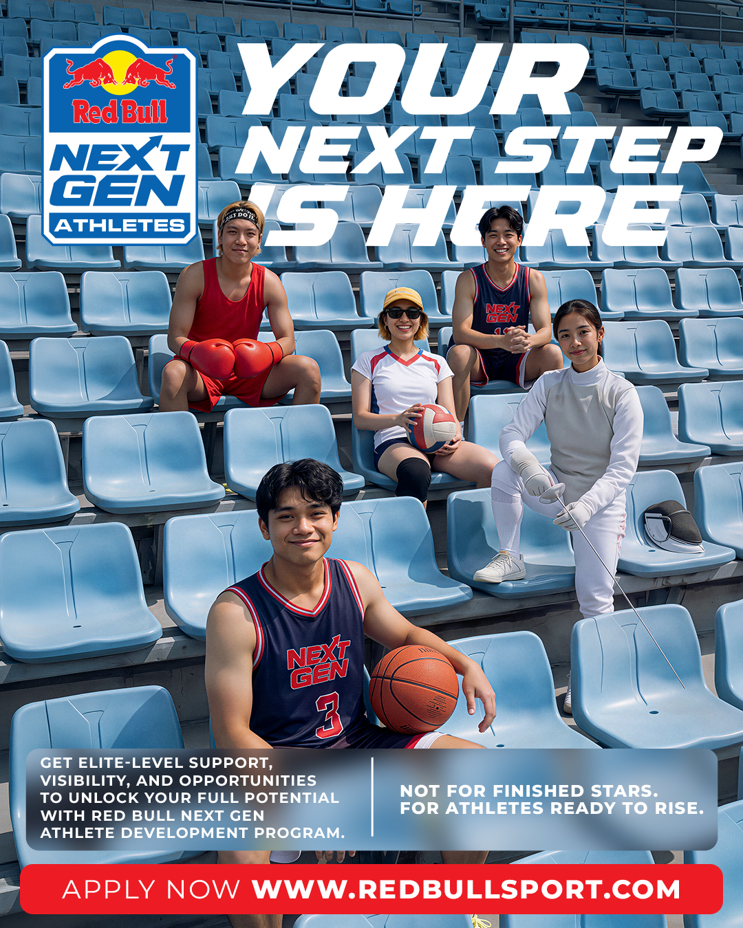 Red Bull Next Generation 为有志运动员提供发展平台，提升曝光度及发展机会，助力他们在体育道路上迈向下一步。